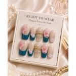 Teal French 3D Pink Flower Press‑On Nails, Nude Base Medium‑Long T‑Shape False Nails with Gold Beads & AB Rhinestones